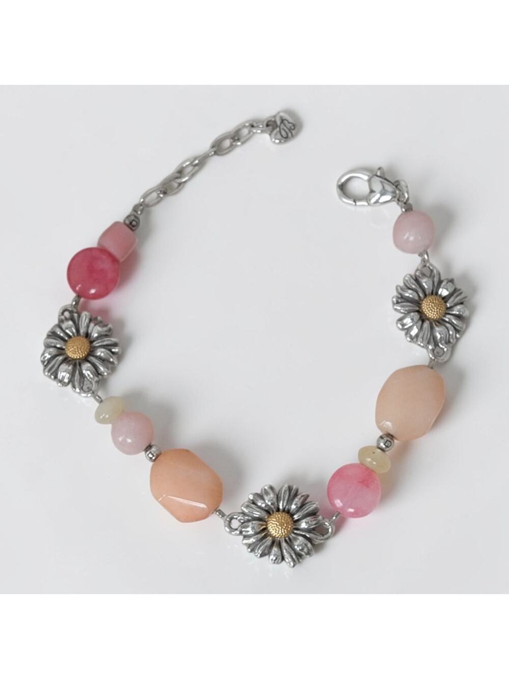 Brighton Paradise Garden Bracelet Daisy Charms Pink Stone Beads Silver Retired